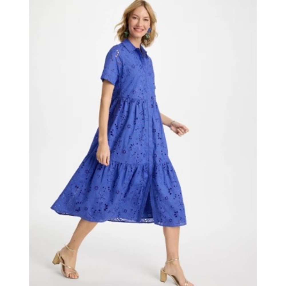 Chicos 100% Cotton Eyelet Tiered Midi Dress Womens SZ 2.5 US 14 Large - Picture 3 of 10